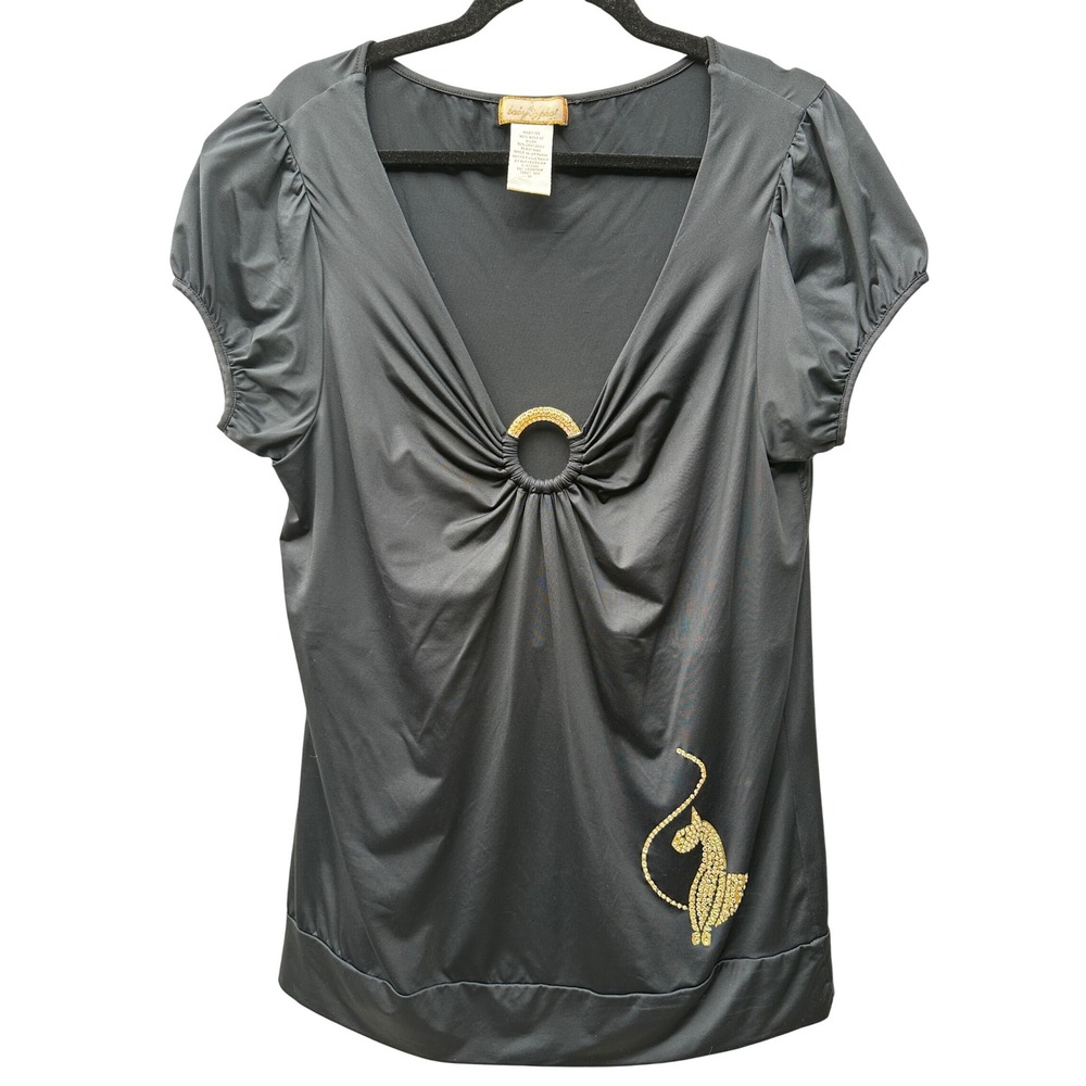 Baby Phat Vtg Y2K Rhinestone Cat Logo O-Ring V-Neck Top Short Sleeve Women 1X